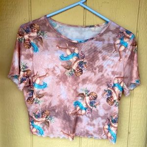 Size XL Tan Smoke Mesh Baby Angel Cherub Crop Top with lettuce trim